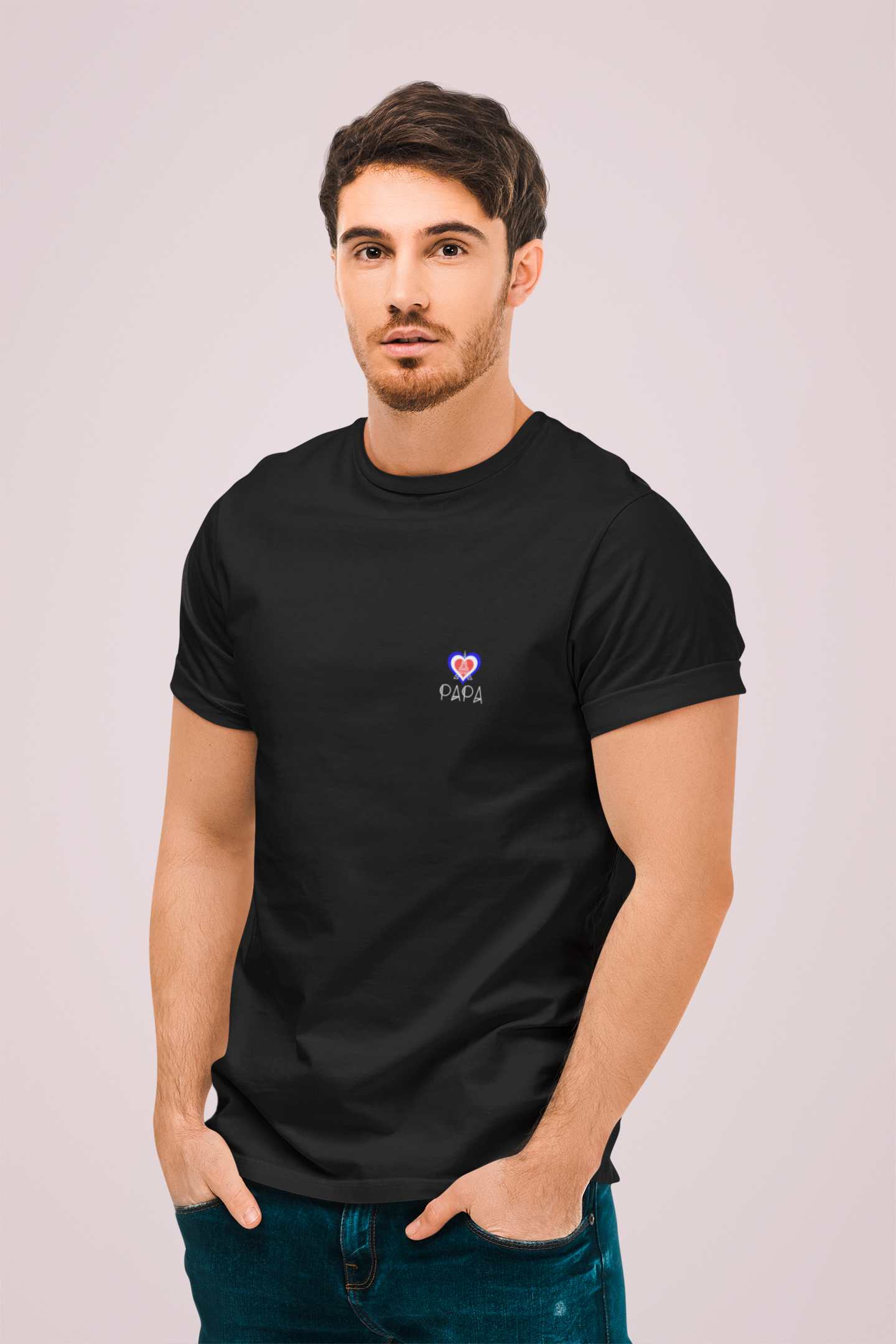 Black French dad shirt with red 'Papa' and Eiffel Tower heart design – perfect Father’s Day gift