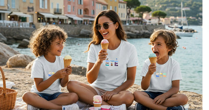 Mom and kids in matching tees eating ice cream