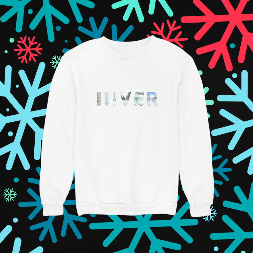 Women's White Sweatshirt with French Word HIVER - Cozy Winter Pullover, French Holiday Gift for Her, Winter Parisian Style Essential for mom - KOULEURS