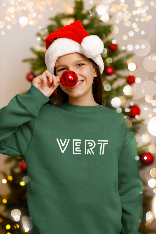 Unisex Youth Green Sweatshirt, French word VERT sweatshirt for kids for everyday or holidays, green gender neutral Pullover for Boys Girls