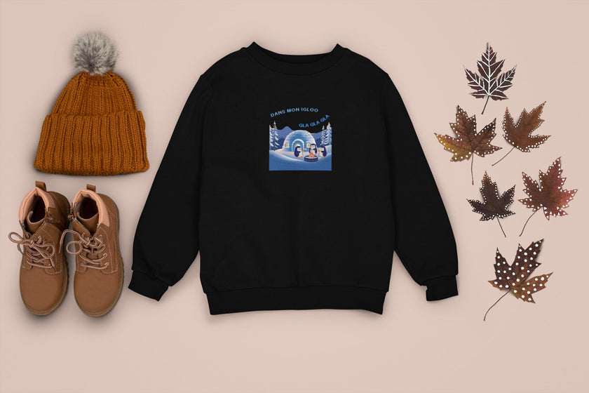 Holiday Sweatshirt with Igloo, Penguins, Marshmallow, French song pullover Dans Mon Igloo, Gla Gla Gla, French Winter gift for Boys Girls - KOULEURS