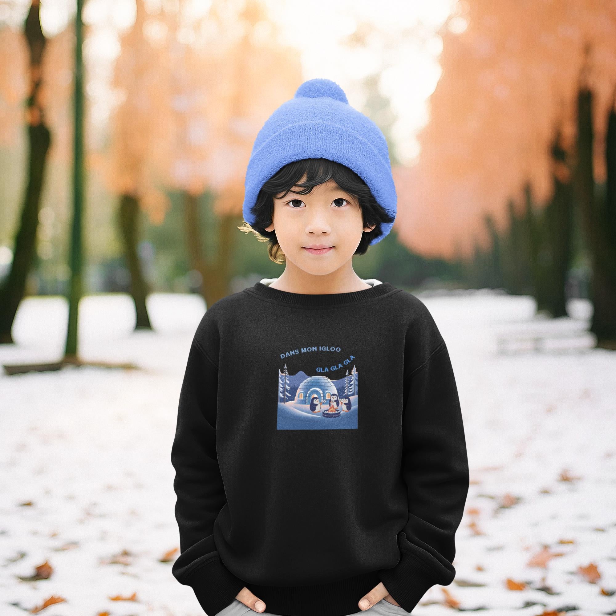 Holiday Sweatshirt with Igloo, Penguins, Marshmallow, French song pullover Dans Mon Igloo, Gla Gla Gla, French Winter gift for Boys Girls