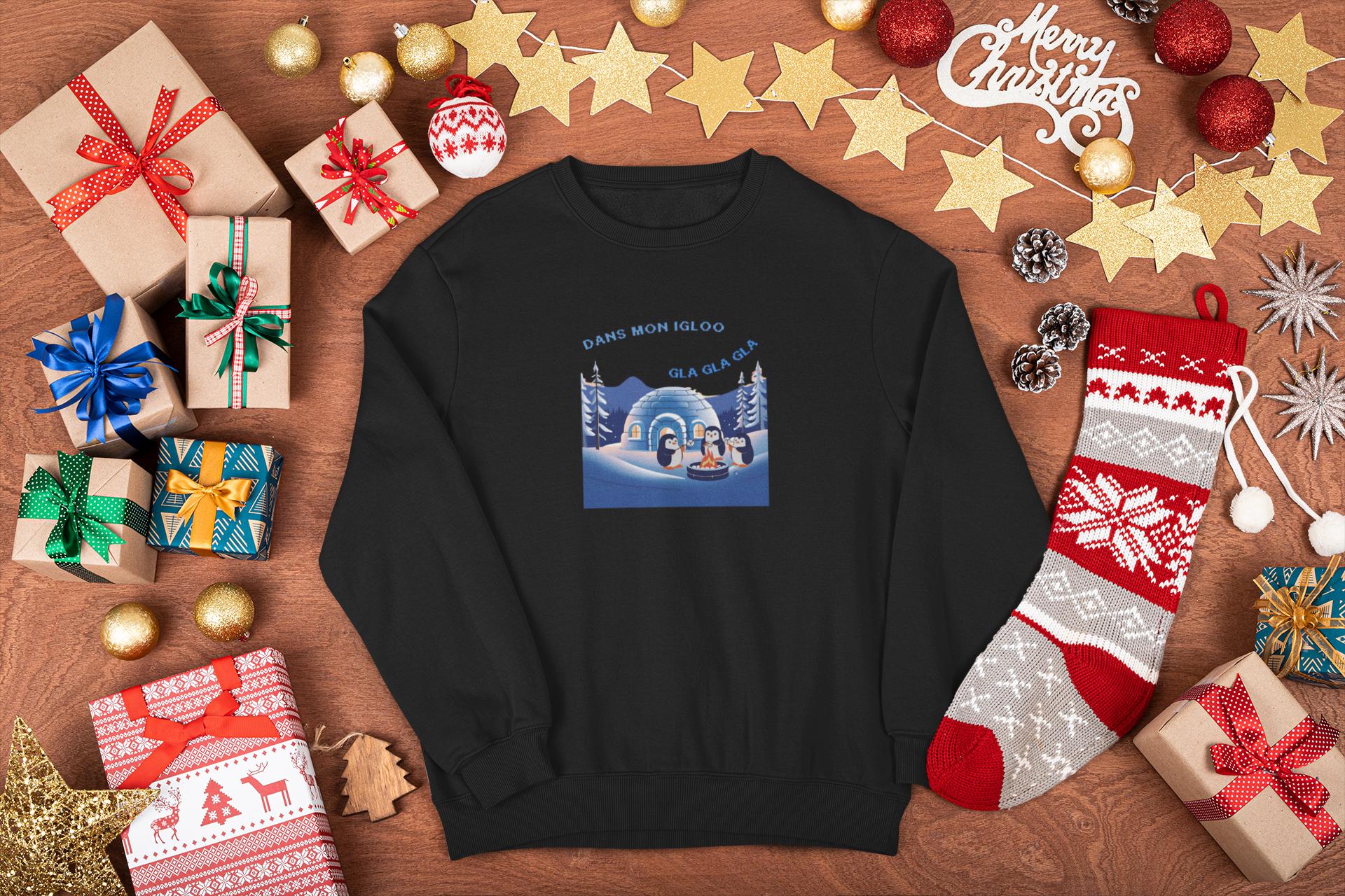 Holiday Sweatshirt with Igloo, Penguins, Marshmallow, French song pullover Dans Mon Igloo, Gla Gla Gla, French Winter gift for Boys Girls