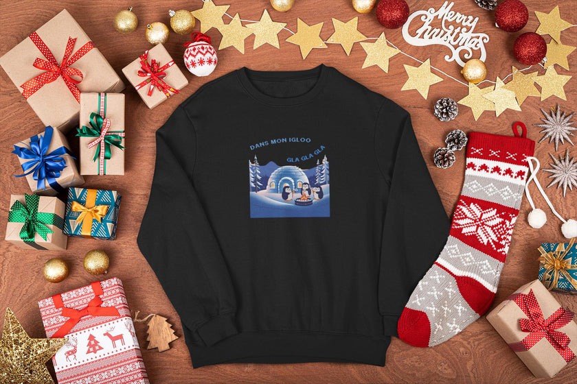Holiday Sweatshirt with Igloo, Penguins, Marshmallow, French song pullover Dans Mon Igloo, Gla Gla Gla, French Winter gift for Boys Girls - KOULEURS