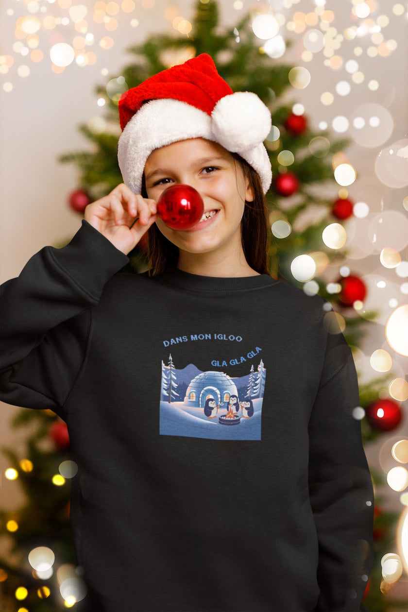 Holiday Sweatshirt with Igloo, Penguins, Marshmallow, French song pullover Dans Mon Igloo, Gla Gla Gla, French Winter gift for Boys Girls - KOULEURS