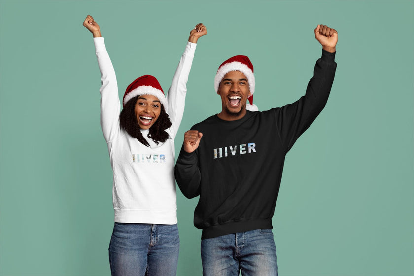 Women's Black Sweatshirt with French Word HIVER, Winter fleece Pullover, French Christmas Gift for Her, Paris Eiffel tower Sweatshirt for mom - KOULEURS