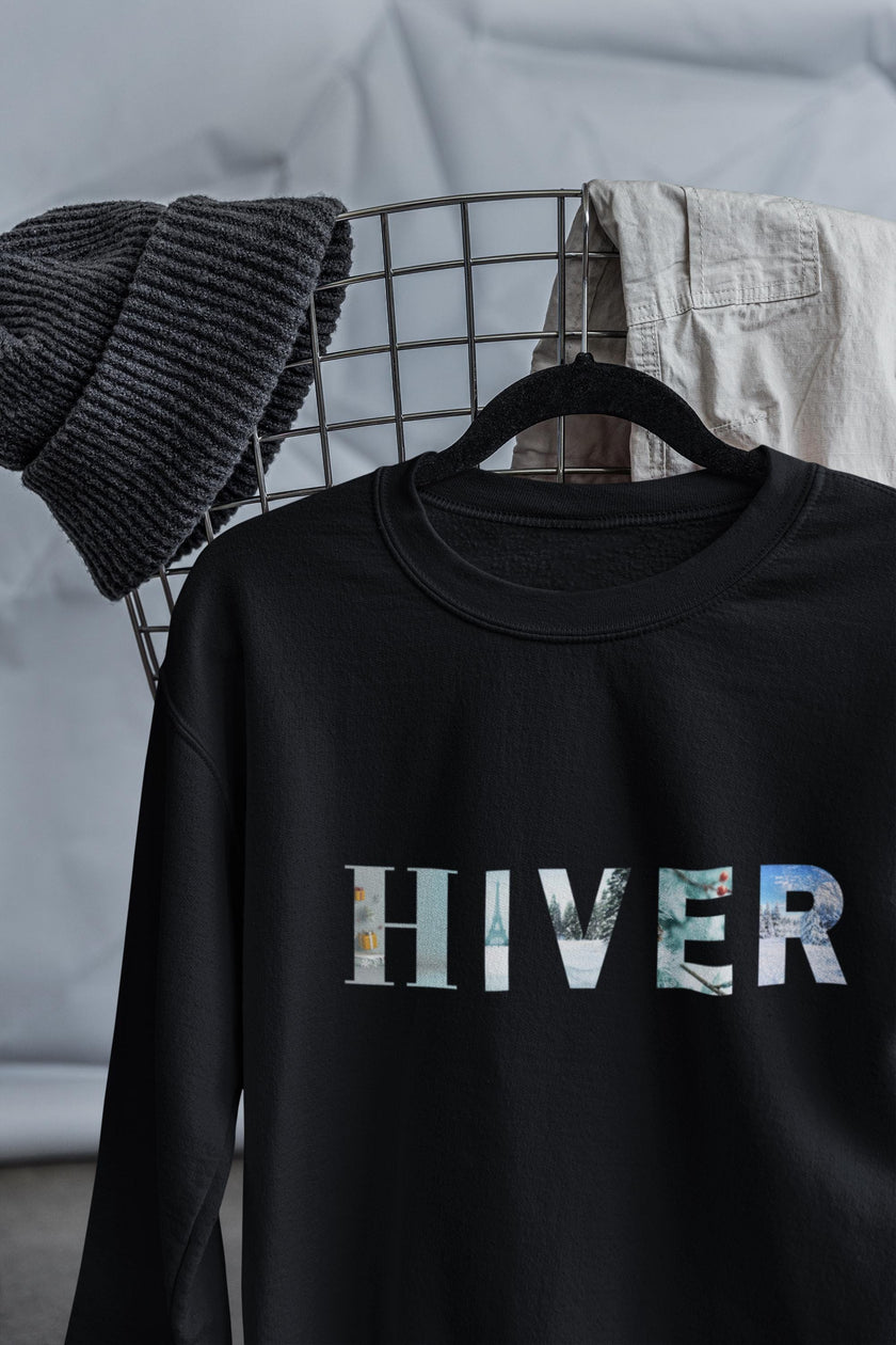 Men's Black Sweatshirt with French Word HIVER, Winter fleece Pullover, French Christmas Gift for Him, Paris Eiffel tower Sweatshirt for him - KOULEURS