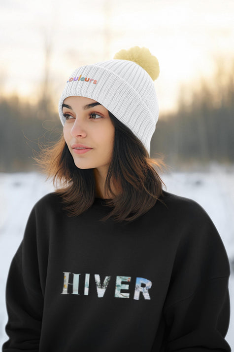 Women's Black Sweatshirt with French Word HIVER, Winter fleece Pullover, French Christmas Gift for Her, Paris Eiffel tower Sweatshirt for mom - KOULEURS