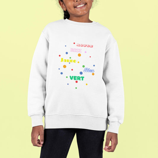 White Sweatshirt with Rouge Rose Vert Jaune Bleu Design, French colorful pullover for Boys Girls all occasions, Multicolor French gift