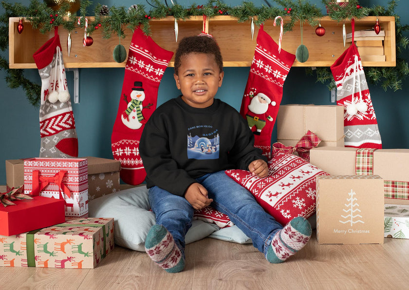 Holiday Sweatshirt with Igloo, Penguins, Marshmallow, French song pullover Dans Mon Igloo, Gla Gla Gla, French Winter gift for Boys Girls - KOULEURS