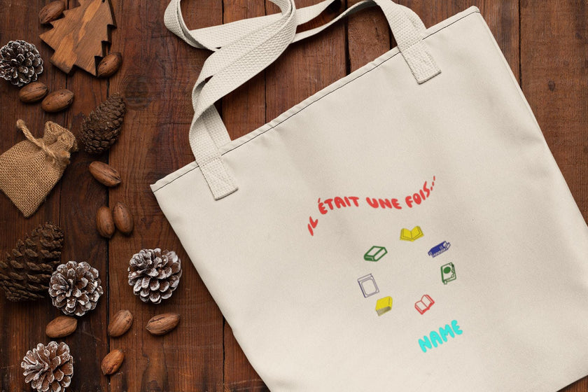 Customizable Il était une fois Library Tote Bag, personalisable French Tote, Canvas Bag for school sport activity, Christmas Gift for Kids - KOULEURS