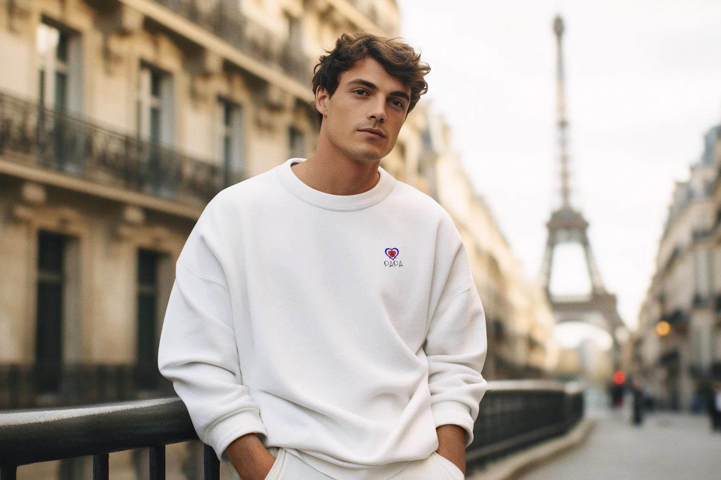 Men's White Sweatshirt French PAPA Design & Eiffel Tower, Christmas Gift for Dad, Parisian Style Pullover Father’s Day Gift Paris Sweatshirt