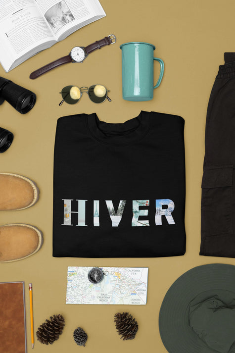 Men's Black Sweatshirt with French Word HIVER, Winter fleece Pullover, French Christmas Gift for Him, Paris Eiffel tower Sweatshirt for him - KOULEURS