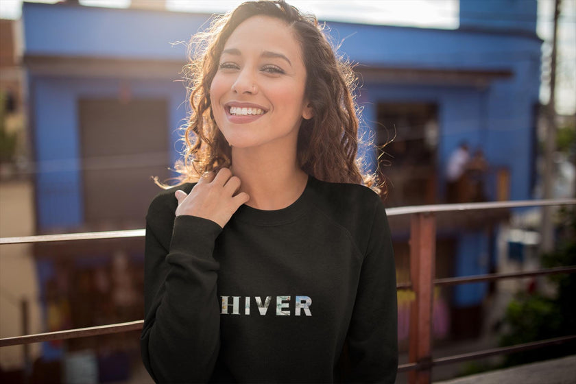 Women's Black Sweatshirt with French Word HIVER, Winter fleece Pullover, French Christmas Gift for Her, Paris Eiffel tower Sweatshirt for mom - KOULEURS