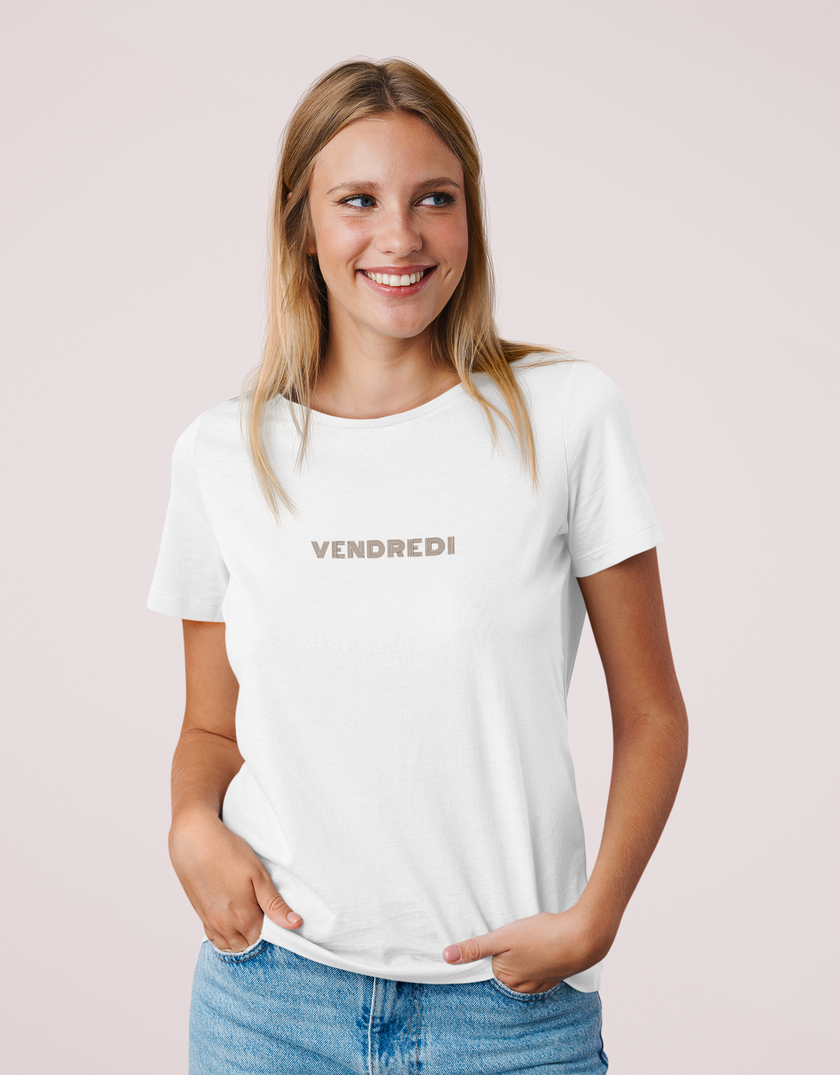KOULEURS VENDREDI minimalist white unisex cotton t-shirt with French red lettering

