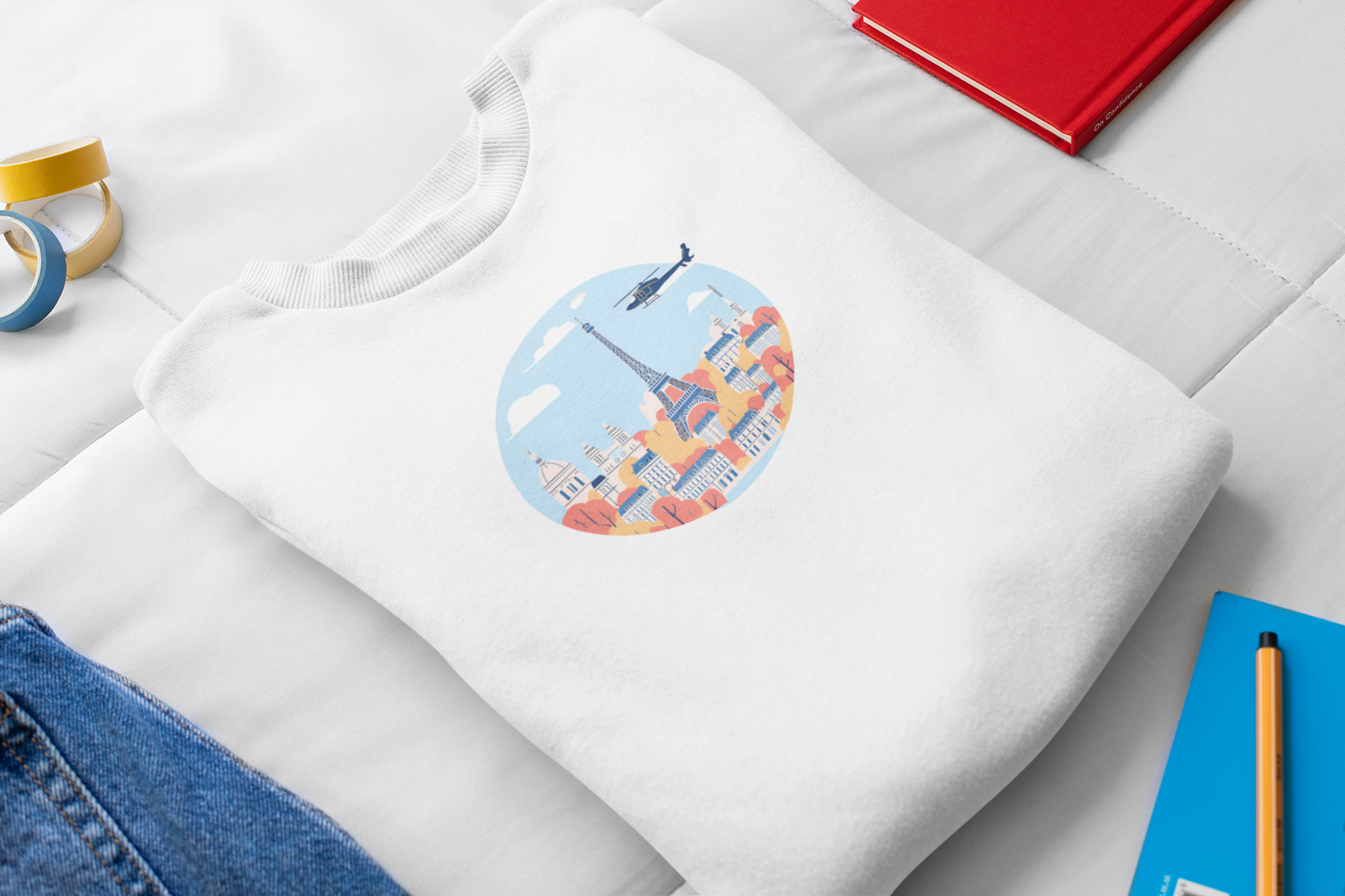 Kids White Sweatshirt with Airplane Flying Over Paris, Cute Paris Travel Sweatshirt for Boys Girls, Cityscape Toddler Youth Christmas Gift