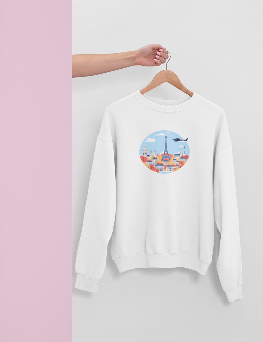 Kids White Sweatshirt with Airplane Flying Over Paris, Cute Paris Travel Sweatshirt for Boys Girls, Cityscape Toddler Youth Christmas Gift - KOULEURS