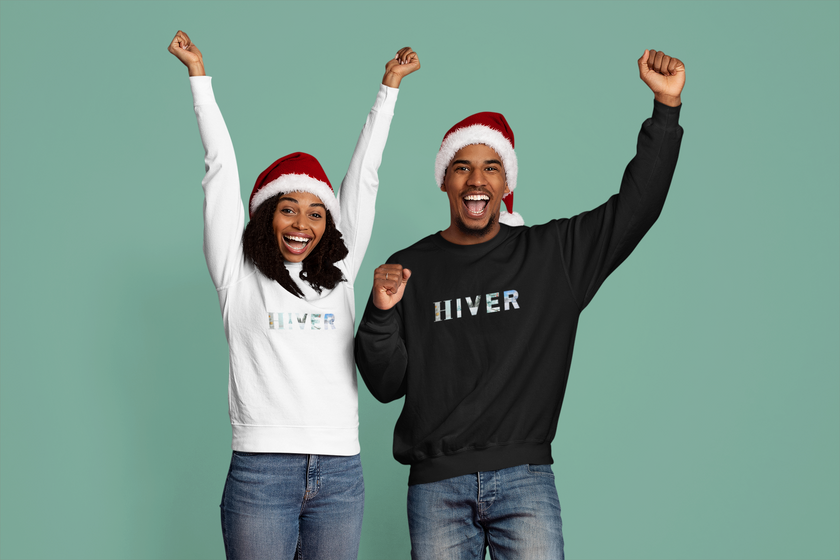 Women's White Sweatshirt with French Word HIVER - Cozy Winter Pullover, French Holiday Gift for Her, Winter Parisian Style Essential for mom - KOULEURS