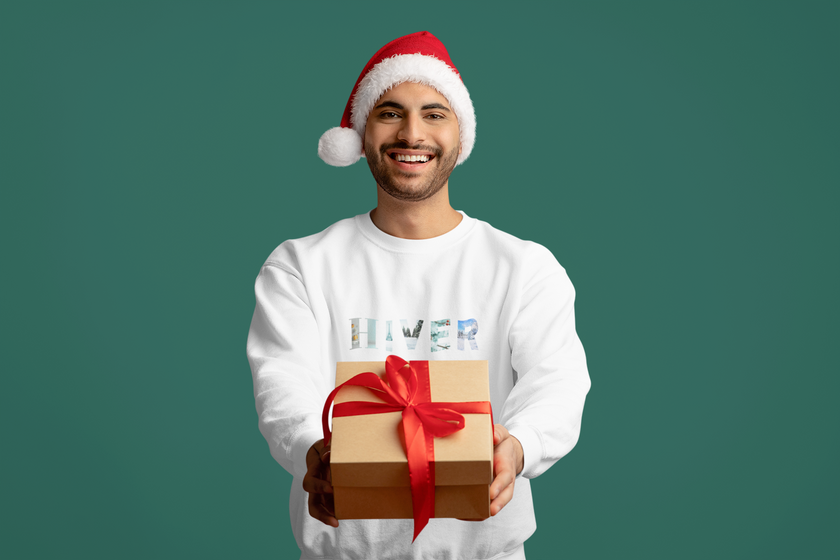 Men's white Sweatshirt with French Word HIVER, Winter fleece Pullover, French Christmas Gift for Him, Paris Eiffel tower Sweatshirt for dad - KOULEURS