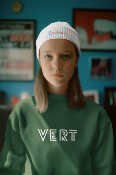 Unisex Youth Green Sweatshirt, French word VERT sweatshirt for kids for everyday or holidays, green gender neutral Pullover for Boys Girls - KOULEURS