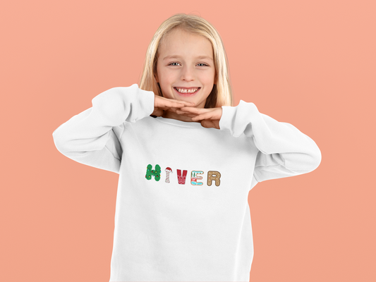 Kids White Sweatshirt with French Word HIVER -  French Christmas Holiday Sweatshirt for Kids - Cozy Winter Pullover for Boys and Girls