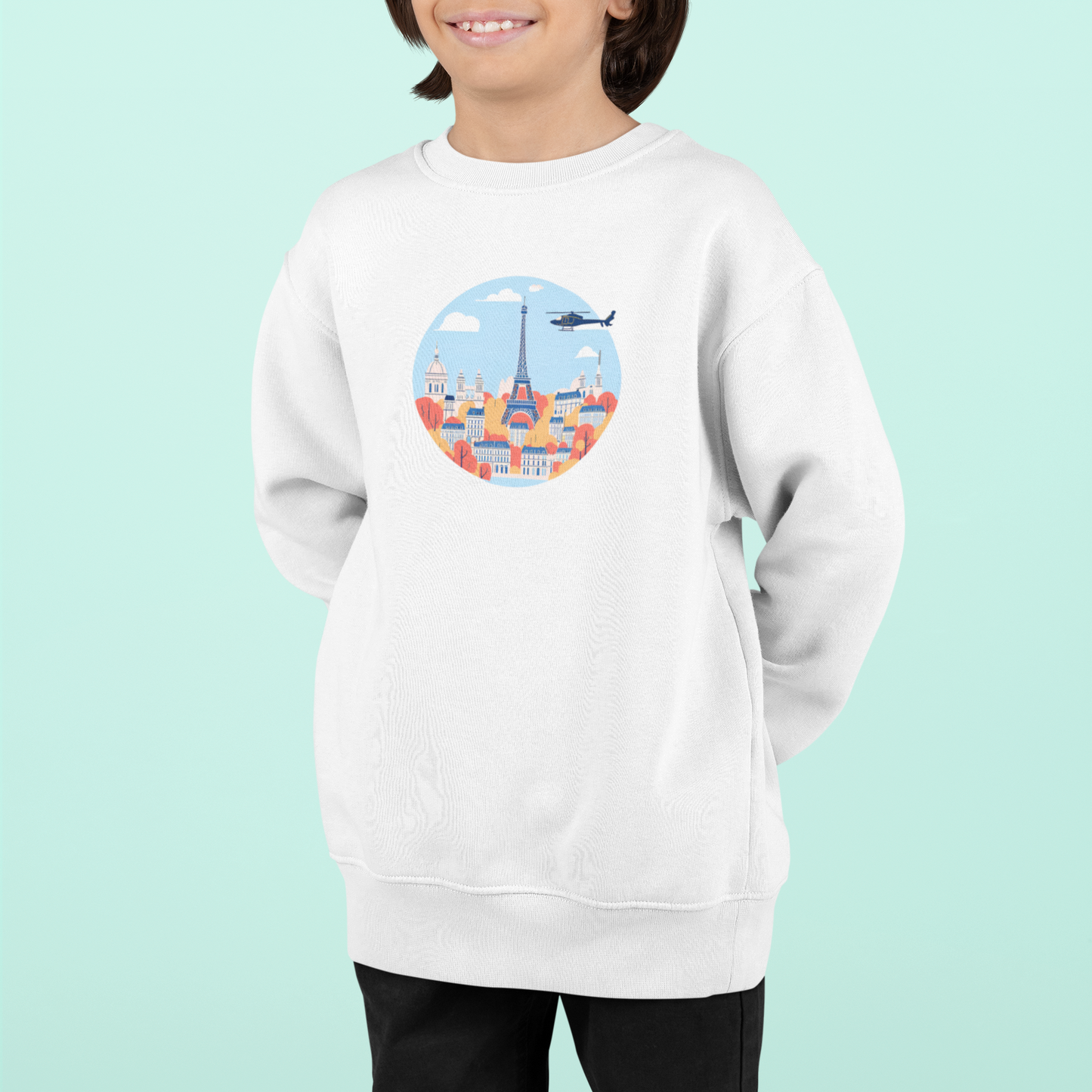 Kids White Sweatshirt with Airplane Flying Over Paris, Cute Paris Travel Sweatshirt for Boys Girls, Cityscape Toddler Youth Christmas Gift