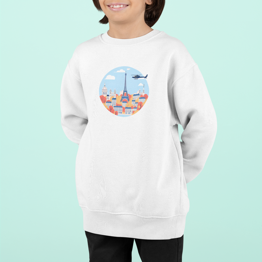 Kids White Sweatshirt with Airplane Flying Over Paris, Cute Paris Travel Sweatshirt for Boys Girls, Cityscape Toddler Youth Christmas Gift - KOULEURS
