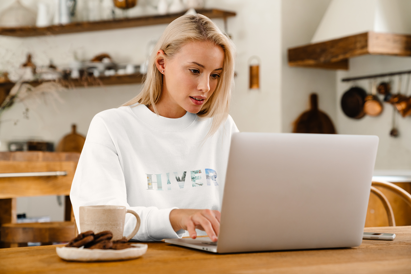 Women's White Sweatshirt with French Word HIVER - Cozy Winter Pullover, French Holiday Gift for Her, Winter Parisian Style Essential for mom - KOULEURS